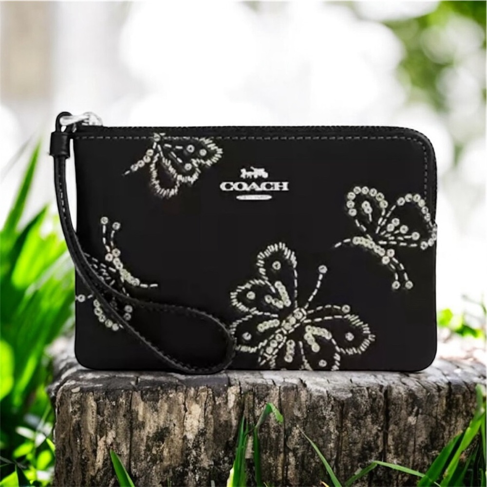 Coach Black Corner Zip Wristlet with Sparkly Butterfly Design 🆕